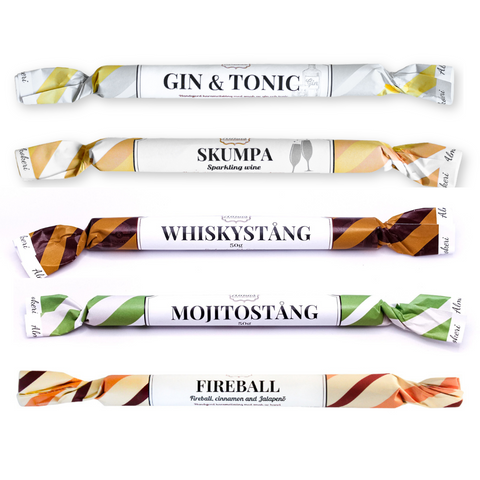 Polkagrispaket - 5 vuxensmaker 100st (Bargrisar) Gin & Tonic, Skumpa, Whisky, Mojito, Fireball
